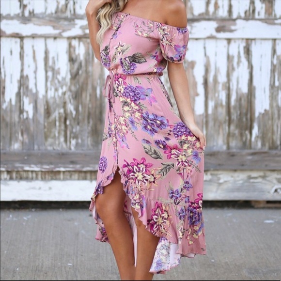 SwankStyles Dresses & Skirts - Pink Floral Off Shoulder Hi Low Dress